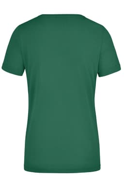 A green ladies workwear t-shirt with short sleeves and a simple design. It features a logo on the back.