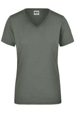 A green women's workwear t-shirt with a v-neck and short sleeves, featuring a brand logo.