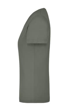 A side view of a ladies' workwear t-shirt in olive green, featuring a simple design and a logo.
