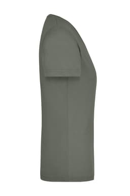 A green ladies workwear T-shirt displayed from the side, featuring short sleeves and a fitted silhouette.