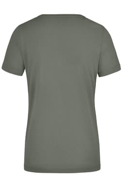 A khaki ladies' workwear T-shirt with a short-sleeved design and a plain back. Features a logo.