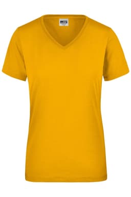 A yellow ladies' workwear t-shirt with a v-neck and short sleeves, featuring a logo on the tag.