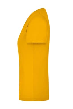 A yellow ladies workwear T-shirt displayed from the side, featuring short sleeves and a fitted design, with a logo present.