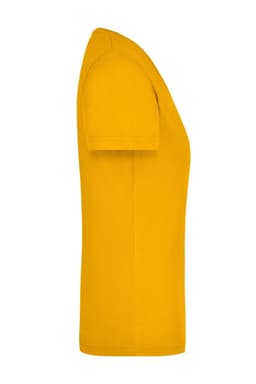 A yellow ladies workwear t-shirt displayed from the side, featuring short sleeves and a fitted style.