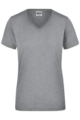 A grey v-neck t-shirt designed for ladies, featuring short sleeves and a simple design. It includes a logo.