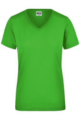 A vibrant green ladies' workwear t-shirt featuring a v-neck and short sleeves. Includes a logo on the label.