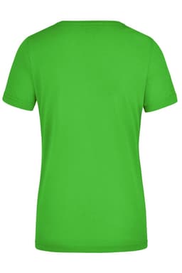 A green ladies workwear T-shirt with a round neck and short sleeves, featuring a logo on the back.