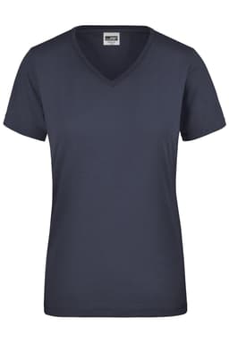 A navy blue ladies' workwear t-shirt with a v-neck and short sleeves, featuring a logo on the label.