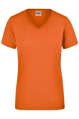 An orange ladies workwear t-shirt with a v-neck and short sleeves. It features a logo on the label.