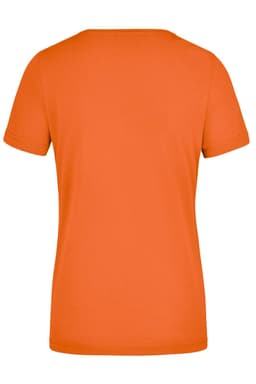 An orange, short-sleeved ladies workwear t-shirt featuring a plain back design. Includes a visible logo.