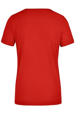 A red ladies workwear t-shirt with a round neckline and short sleeves, featuring a logo on the back.