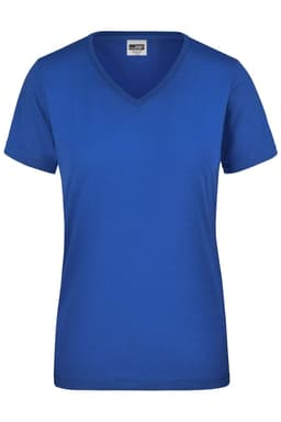 A blue ladies workwear T-shirt with a V-neck and short sleeves, featuring a logo on the label.