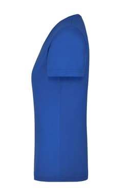 A blue ladies' workwear T-shirt with a fitted design and short sleeves, featuring a logo.