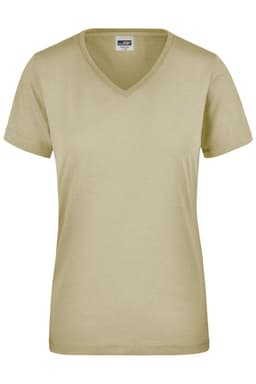 A khaki ladies' workwear t-shirt with a v-neck and short sleeves, featuring a logo on the label.