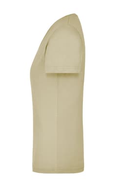 A khaki ladies workwear T-shirt featuring a simple design and a logo. It has short sleeves and a V-neck.