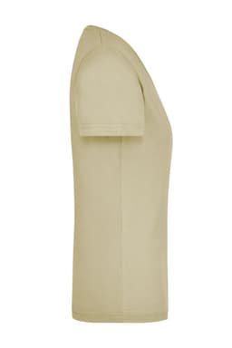 A light khaki ladies workwear t-shirt with a fitted design and short sleeves, featuring a logo on the fabric.