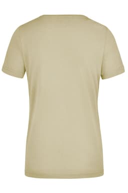 A khaki women's workwear T-shirt featuring a simple design with a short sleeve and crew neck. There is a logo present.