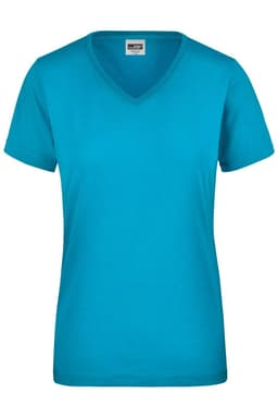 A turquoise ladies workwear t-shirt with a v-neck and short sleeves, featuring a logo on the label.