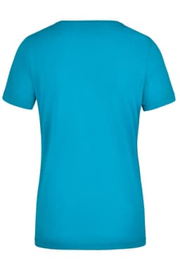 A turquoise ladies workwear t-shirt with a rounded neckline and short sleeves, featuring a logo.