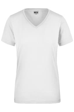 A white ladies' workwear T-shirt with a V-neck and short sleeves, featuring a logo.