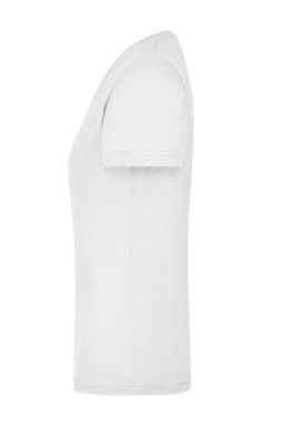 A white ladies workwear t-shirt with a fitted design, featuring short sleeves and a v-neck. It has a logo on it.