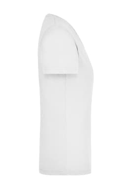 A white ladies' workwear T-shirt with short sleeves and a fitted design, featuring a logo.