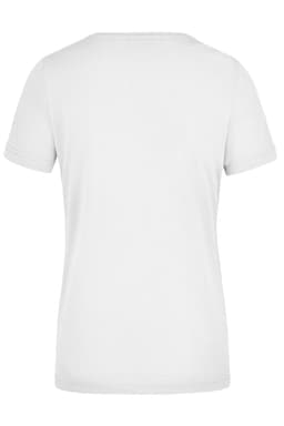 A white ladies' workwear T-shirt with a simple round neck and short sleeves, featuring a logo.