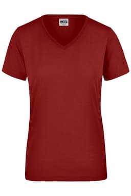 A red ladies' workwear T-shirt with a V-neck and short sleeves, featuring a logo on the label.