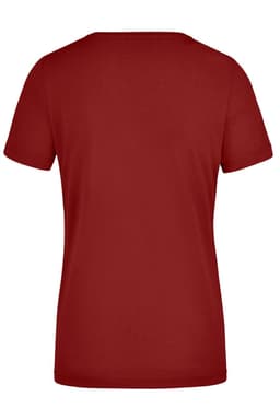 A red ladies workwear t-shirt with a smooth finish and short sleeves, featuring a logo on the back.
