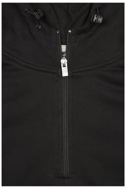 A black half zip hoodie featuring a zip closure and drawstring hood. It includes a logo.