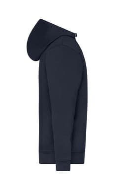 A navy blue half zip hoodie featuring a hood and long sleeves, with a branding logo.
