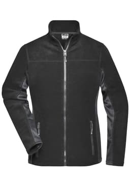 A black fleece jacket featuring zippered pockets and a collar, with a sleek design and contrasting sleeve materials.