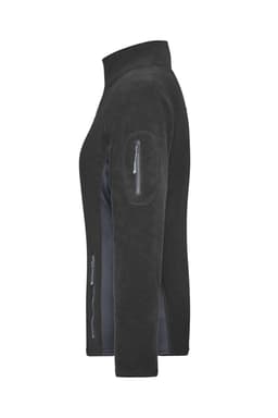 A black ladies' polar fleece jacket featuring a full zip and side pockets, with a subtle logo on the sleeve.