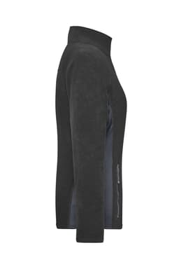 A black polar fleece jacket with a high collar and a side zip pocket, featuring a logo.