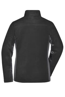 A polar fleece jacket in black, featuring long sleeves and a high collar, with a logo on the back.