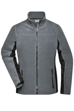 A grey polar fleece jacket with a zip front and side pockets. The jacket features a logo on one side.