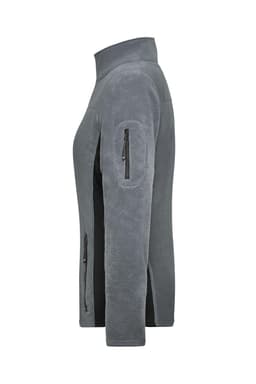 A grey polar fleece jacket featuring zippered pockets and a high collar, with a logo on one sleeve.