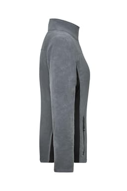 A grey polar fleece jacket featuring a high collar and zippered pockets, with contrasting side panels.