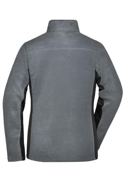 A grey polar fleece jacket with black side panels and a high collar, featuring a logo on the back.