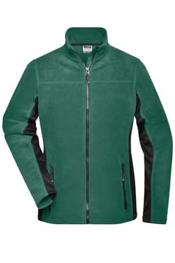 A green polar fleece jacket with black sleeves and zippered pockets, featuring a collar and logo.