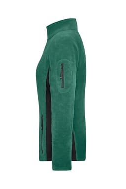 A polar fleece jacket in green, featuring zippered pockets and a side view showcasing the collar and sleeve design.