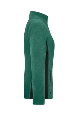 A green polar fleece jacket with a black side panel and a zippered pocket on the side.