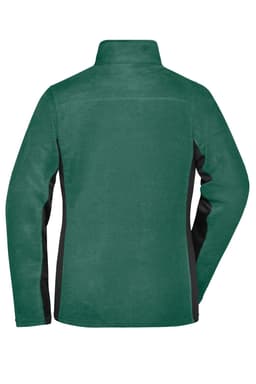 A polar fleece jacket in green with black side panels and a high collar. Features a logo on the back.