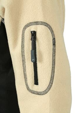 A ladies' polar fleece jacket features a beige fabric with a black accent and a zippered pocket on the arm.