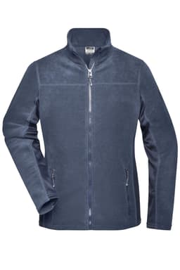 A navy polar fleece jacket featuring a zip front and two side pockets. Includes a logo on the chest area.