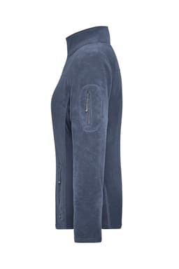 A navy polar fleece jacket with a high collar and side pockets, featuring a zip pocket on the sleeve.