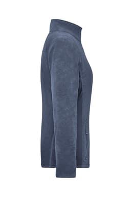 A side view of a ladies' polar fleece jacket in a navy blue colour, featuring a collar and zippered pockets.
