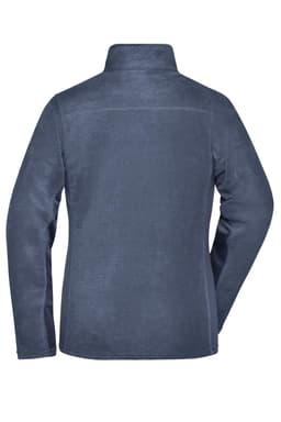A navy fleece jacket with a high collar and long sleeves, featuring a logo on the back.