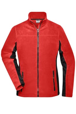 A red ladies' polar fleece jacket with black side panels and zippered pockets. Features a high collar and full zip.