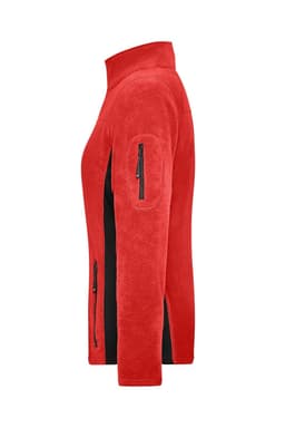 A red and black ladies workwear fleece jacket featuring zippered pockets and a high collar. It has a logo on the arm.